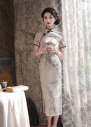Slim Long Modern Cheongsam Dress | Mandarin Collar & Ink Landscape & Side Slit