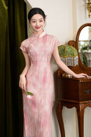 Half-Overlap Long Qipao | Cap-Sleeve Slim Mandarin Dress