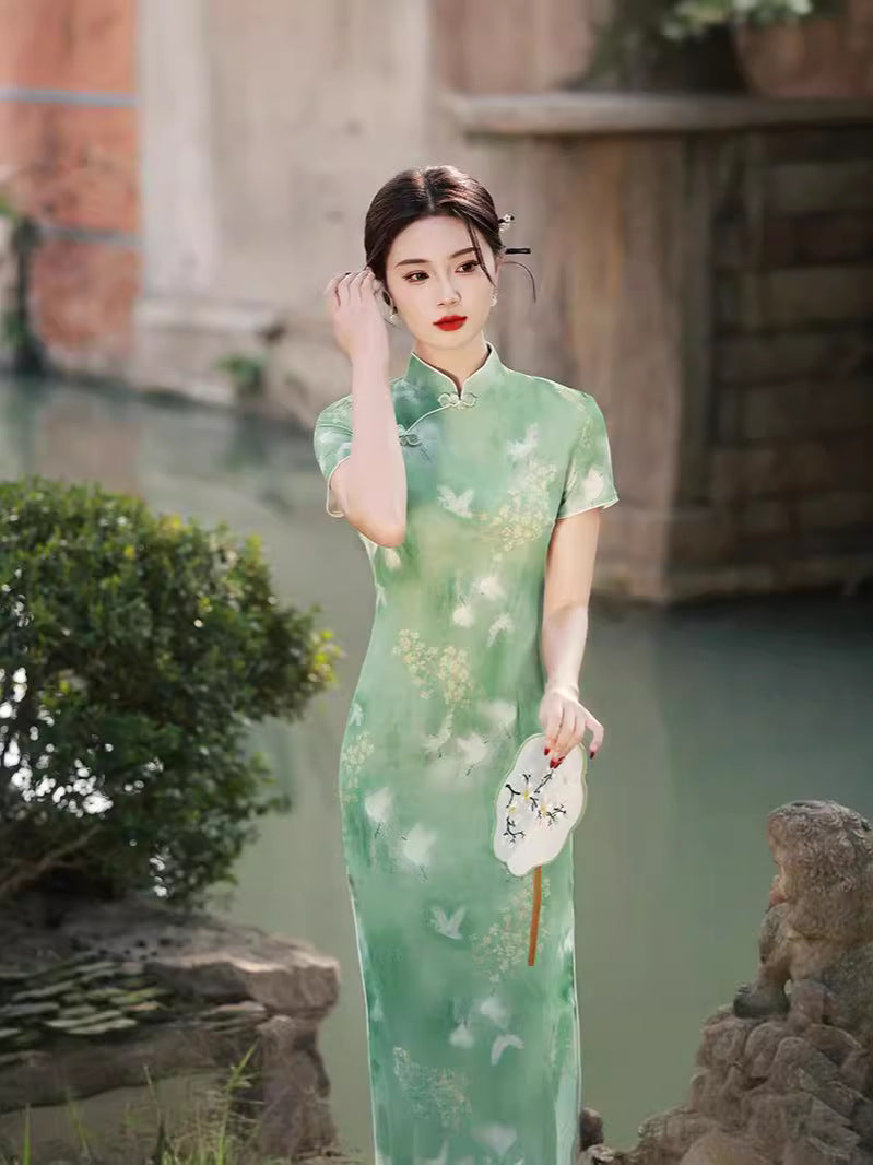Ink-Wash Crane Print Qipao Dress | Slim Mandarin Collar & Side Slit | Mist Blue & Jade Green