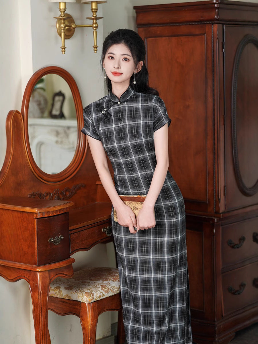 Spring TR Plaid Qipao Maxi Dress | Slim Vintage Chic