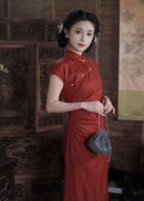 Loose-Fit Red Modern Qipao Dress | Mandarin Collar, Frog Buttons, Side-Slit Elegant Maxi
