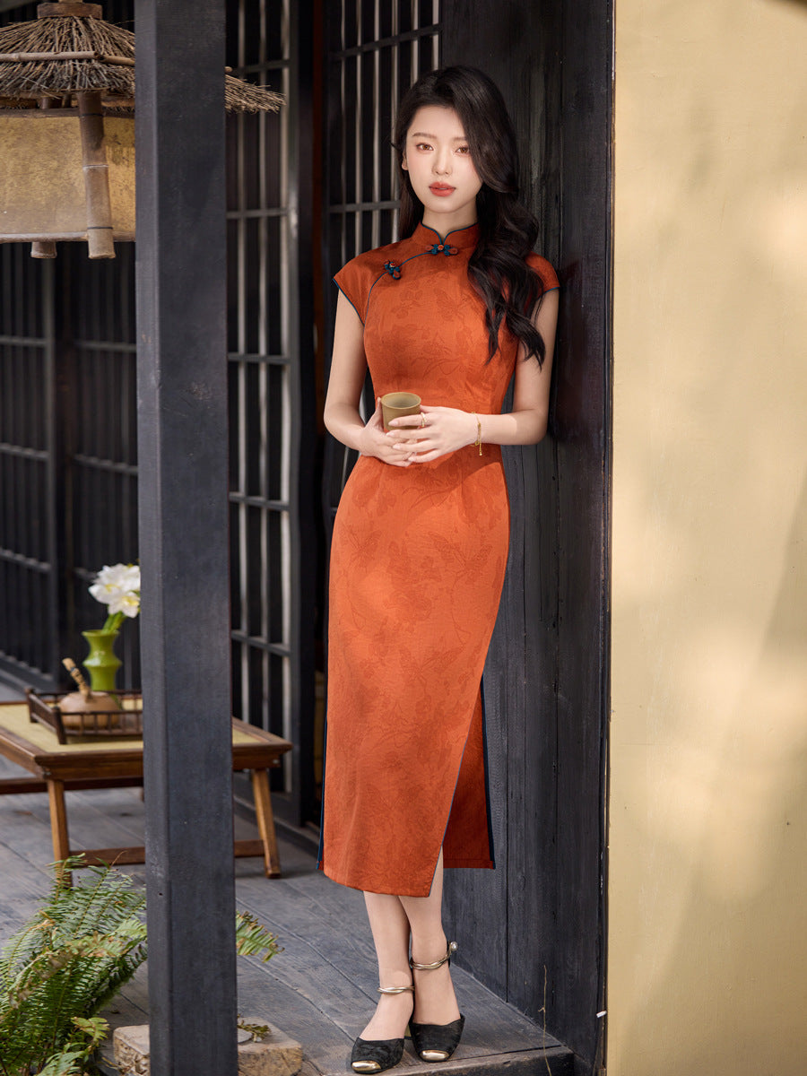 Orange Tonal Jacquard Short Sleeve Qipao Maxi Dress | Mandarin Collar Slit Cheongsam