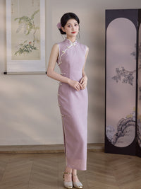 Lilac Jacquard Sleeveless Qipao Maxi Dress | Mandarin Collar Piped Slim Cheongsam