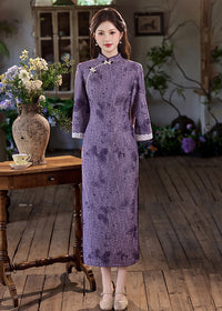 Purple Vintage Jacquard Qipao | Slim Mandarin Maxi