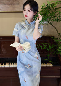 Blue Modern Qipao Mini | Petite Slim Fit & Retro Short-Sleeve for Summer