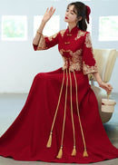 Plus-Size Burgundy Xiuhe Toast Dress | Gold Embroidered Mandarin Collar