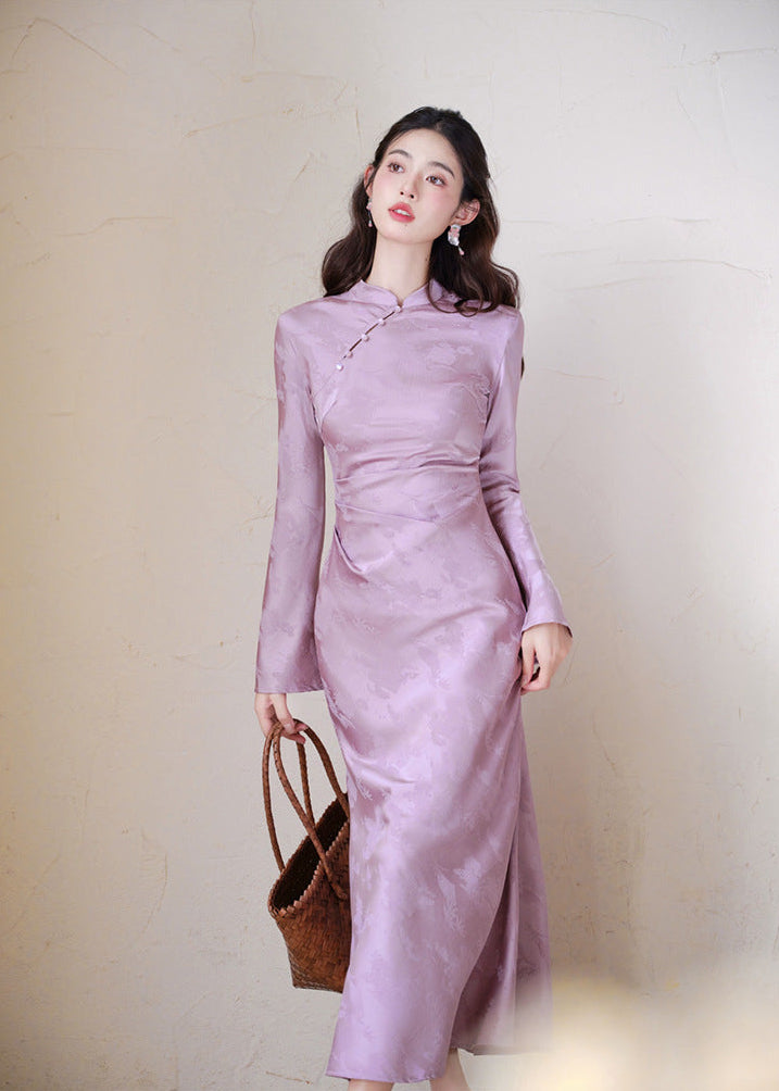 Modern Vintage-Inspired Purple Jacquard Satin Qipao | Mandarin Collar Long Sleeves