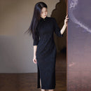 Black Tonal Floral Qipao | Three-Quarter Sleeve Cheongsam Dress