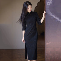 Black Tonal Floral Qipao | Three-Quarter Sleeve Cheongsam Dress