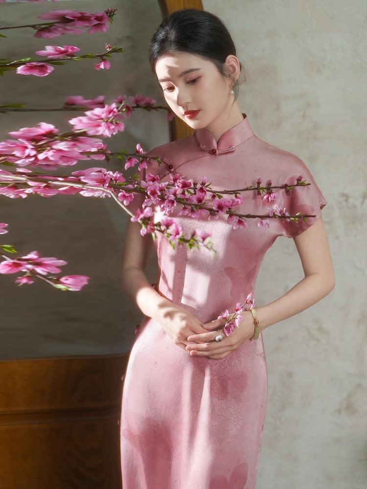 Pink Full-Front Long Qipao | Traditional Design Elegant Women’s Style