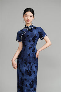 Indigo Vintage Chinese Plus-size Qipao Maxi | Mandarin Collar