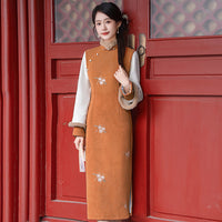 Vintage Velvet Embroidered Cheongsam Dress Elegant Hanfu Style Winter Qipao