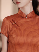 Rust Orange Jacquard Qipao Dress Short Sleeve Slim Mandarin Collar