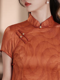 Rust Orange Jacquard Qipao Dress Short Sleeve Slim Mandarin Collar