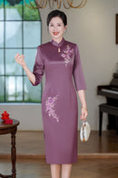 Aubergine Acetate Stretch Satin Embroidered Modern Qipao Midi | Mandarin Collar Keyhole