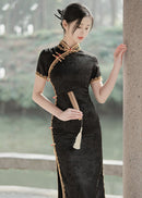 Black Mandarin Collar Qipao | Exquisite Tassel Detail Slim Fit Dress