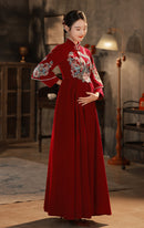 Red Embroidered Maternity Chinese Style Gown | Mandarin Collar 3/4 Sleeves