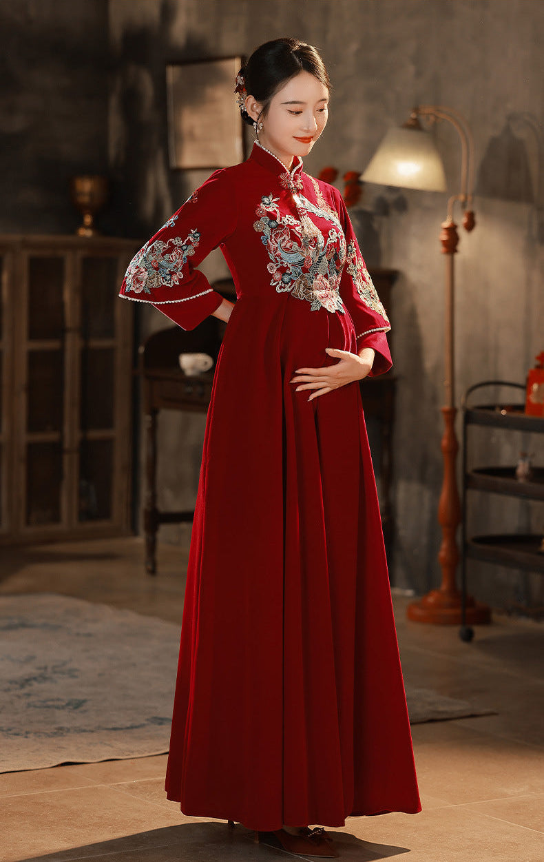 Red Embroidered Maternity Chinese Style Gown | Mandarin Collar 3/4 Sleeves