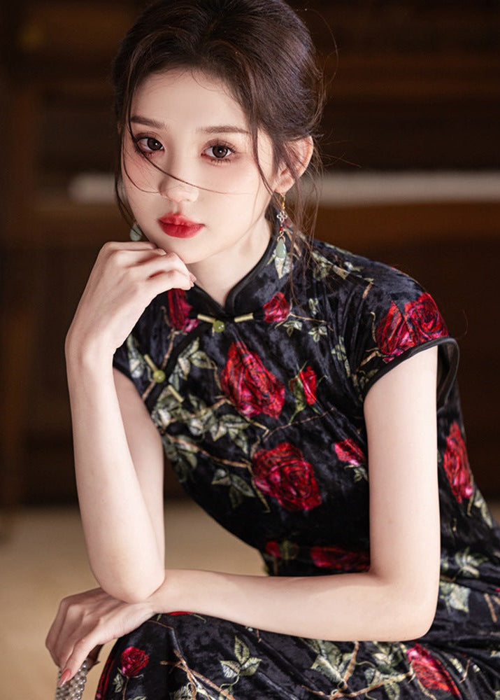 Velvet Rose-Embroidered Qipao | Black with Red Florals