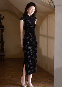 Black Stretch Long Qipao | Modern Mandarin Slim Evening Gown