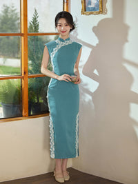 Vintage Cool Tone Qipao | Acetate Faux Hand-Grabbed Floral Design | Elegant Blue Slim Dress