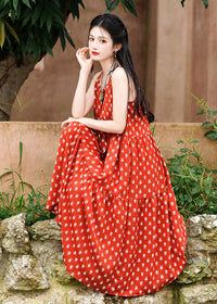 Red Bohemian Printed Cami Dress | V-Neck Spaghetti Straps | Tiered A-Line Maxi for Resort & Beach