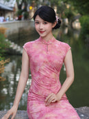 Pink Flocked Floral Print Sleeveless Mandarin Qipao Dress|Slim Mid Cheongsam