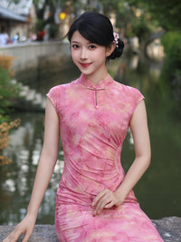 Pink Flocked Floral Print Sleeveless Mandarin Qipao Dress|Slim Mid Cheongsam