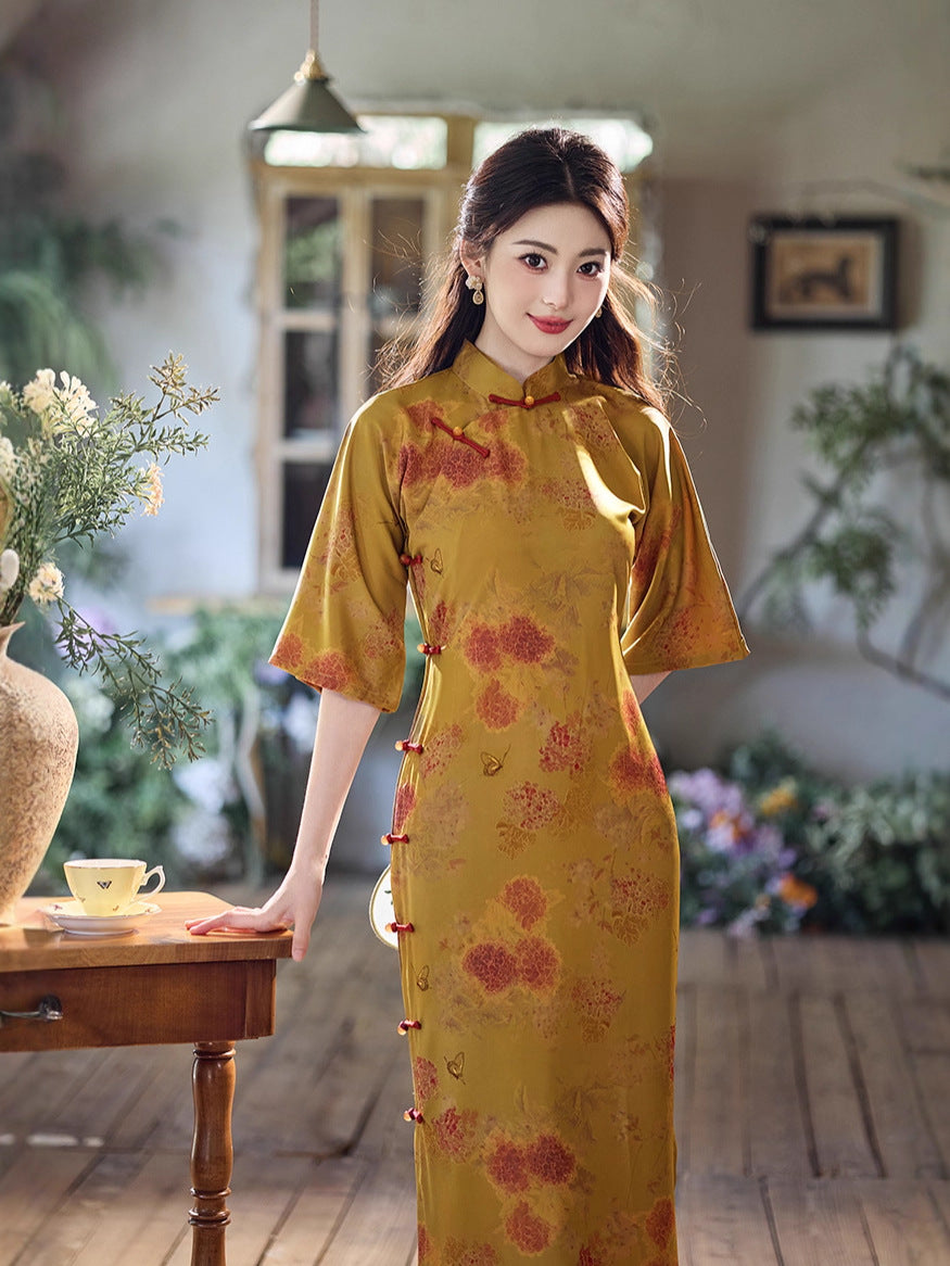 Mustard Yellow Ink-Wash Floral Qipao Dress | Mandarin Collar Frog Buttons