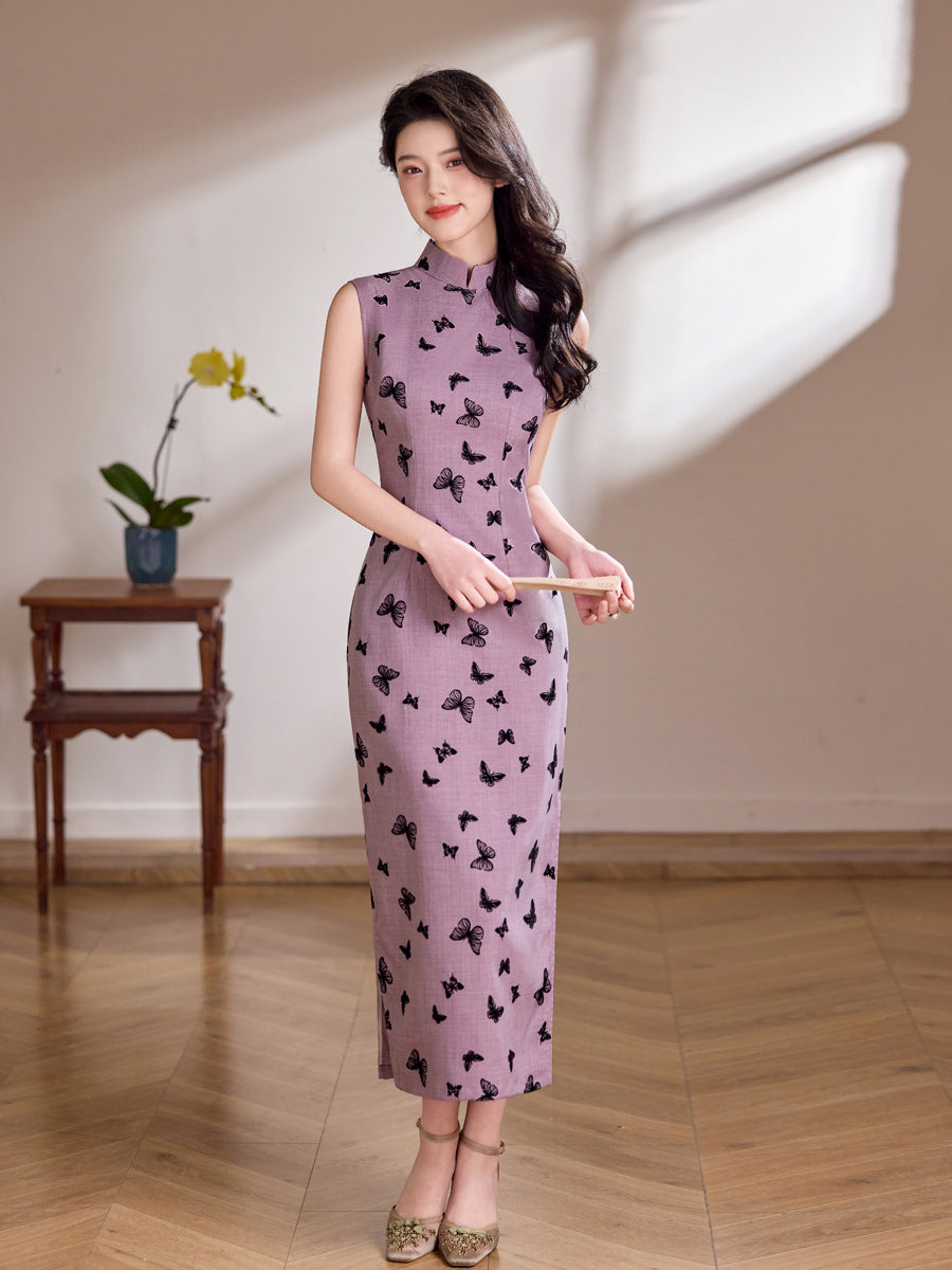 Lilac Butterfly Print Sleeveless Qipao Maxi Dress | Mandarin Collar Slim Slit Cheongsam