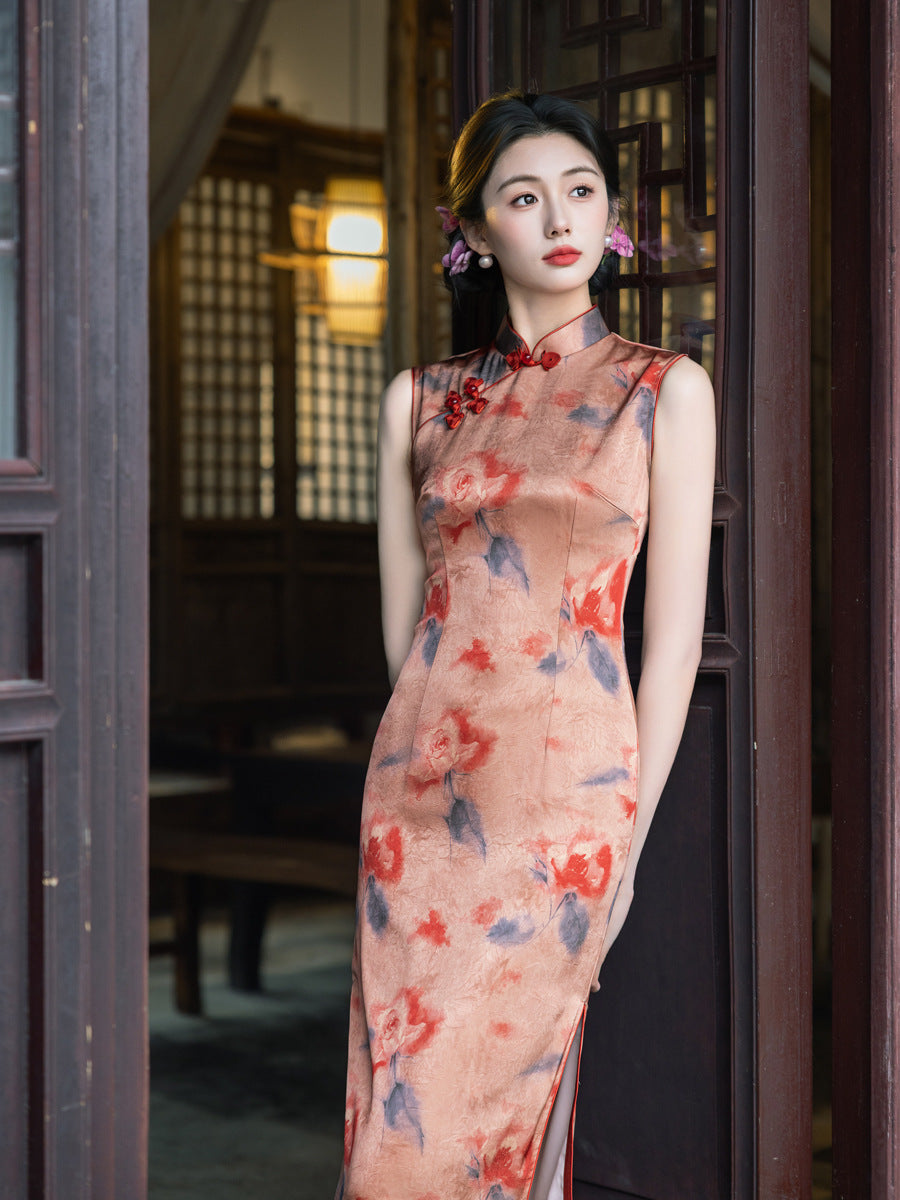 Dusty Rose Mist Floral Sleeveless Qipao Dress | Mandarin Collar Slim Midi Cheongsam