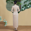 Bamboo Embroidered Qipao Dress | Champagne Mandarin Collar Slim Chinese Dress | HANGRACE