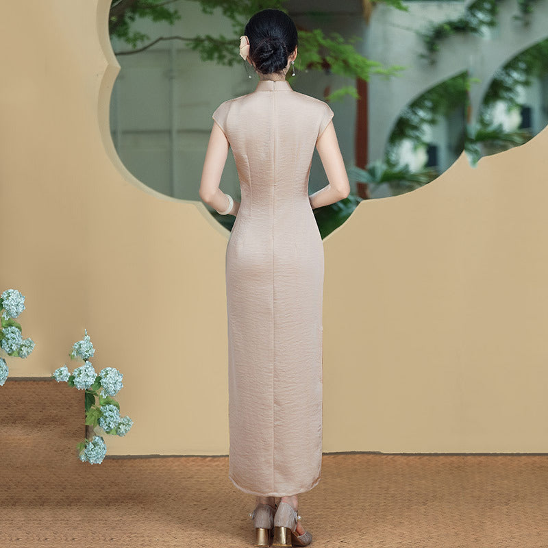 Bamboo Embroidered Qipao Dress | Champagne Mandarin Collar Slim Chinese Dress | HANGRACE