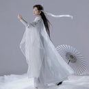 White Traditional Chinese Hanfu Costume for Men | Elegant Embroidered Robe with Long Sleeves and Umbrella