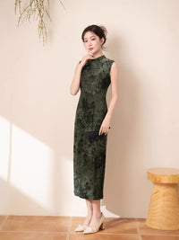 Forest Green Jacquard Sleeveless Qipao Dress | Mandarin Collar Slim Maxi Cheongsam