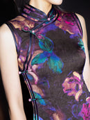 Black Base Purple-Blue Sleeveless Qipao Dress | Mandarin Collar Slim Midi Cheongsam