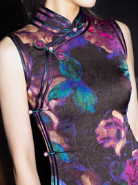 Black Base Purple-Blue Sleeveless Qipao Dress | Mandarin Collar Slim Midi Cheongsam