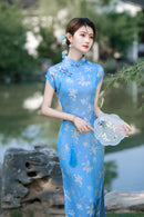 Sky Blue Floral Long Qipao Dress for Women | Mandarin Collar Frog Buttons Slim Fit Side Slit