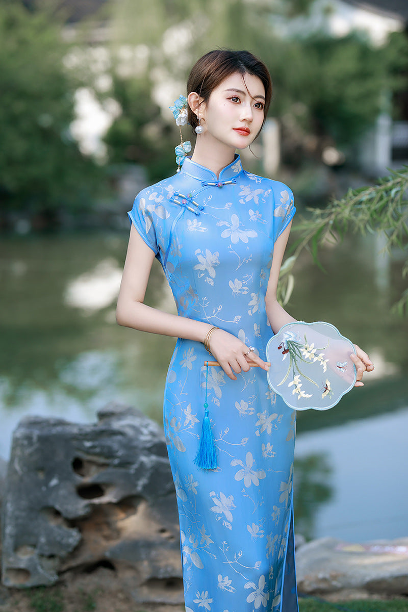 Sky Blue Floral Long Qipao Dress for Women | Mandarin Collar Frog Buttons Slim Fit Side Slit
