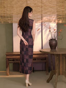 Vintage Purple & Black Checker Jacquard Sleeveless Qipao Dress | Mandarin Collar Slim Midi Cheongsam