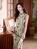 Watercolor-Print Sleeveless New-Chinese Qipao Dress | Morandi Tones, Slim Midi with Side Slit