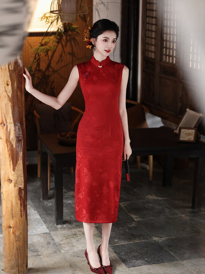 Classic Red Sleeveless Qipao | Elegant Chinese Cheongsam Midi Dress for Wedding