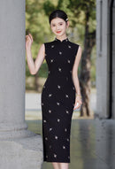 Black Sleeveless Jacquard Qipao | Slim Maxi Side-Slit Vintage-Elegant Gown