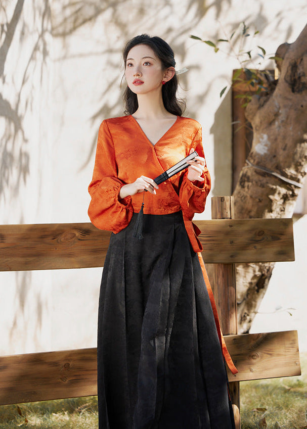 Modern Hanfu Mamian Skirt Set | Jacquard Wrap V-Neck Top with Lantern Sleeves