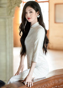 Ivory Jacquard Qipao Midi | Mandarin Collar 3/4 Sleeves, Slim Fit