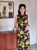 Black Base Golden Rose Print Sleeveless Qipao Dress | Mandarin Collar Slim Midi Cheongsam