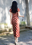 Vintage Red Plaid Qipao | Slim Mandarin Collar Maxi Dress