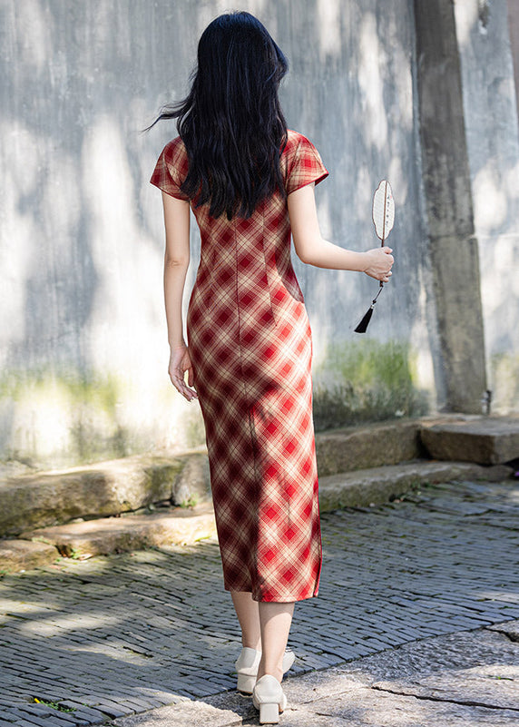 Vintage Red Plaid Qipao | Slim Mandarin Collar Maxi Dress