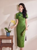 Emerald Green Blue-Piping Tonal Jacquard Short Sleeve Qipao Maxi Dress | Mandarin Collar Slit Cheongsam