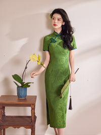 Emerald Green Blue-Piping Tonal Jacquard Short Sleeve Qipao Maxi Dress | Mandarin Collar Slit Cheongsam